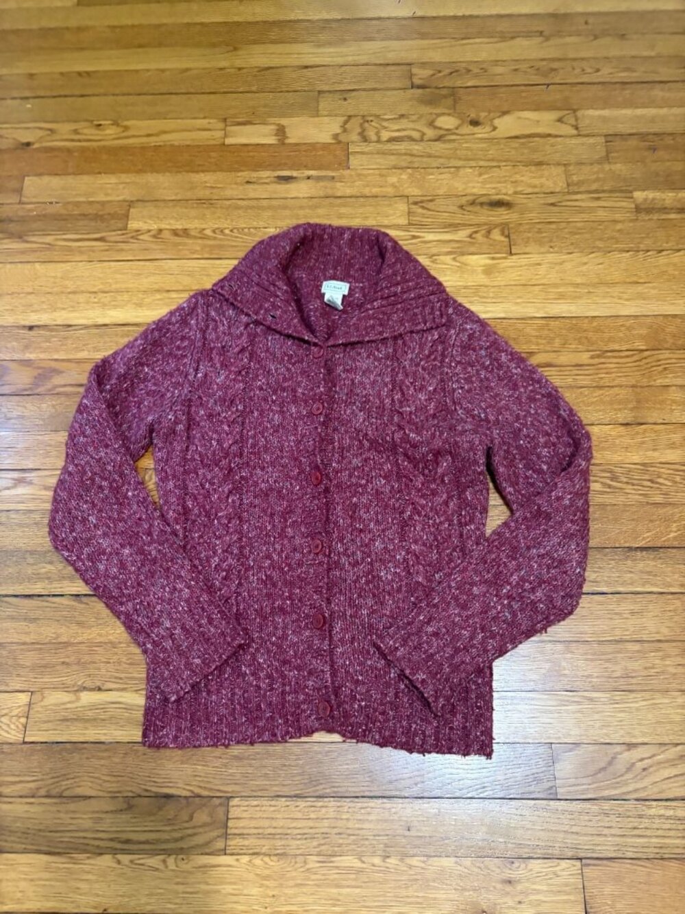 LL Bean Womens Cardigan Sweater Sz Medium Red Acrylic Wool Cable Knit Collared